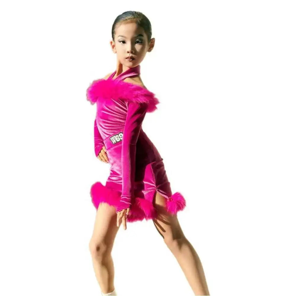 Latin american Dance velvet feather Long Dress Girls Kids Samba Salsa Cha Cha Rumba Tango Children Competition Ballroom Dresses
