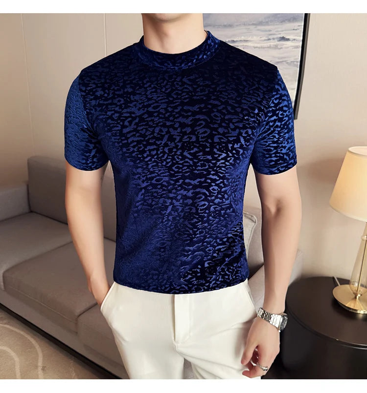 Men's T-Shirts Korean Fashion Gold Velvet Short Sleeve Mens Casual T Shirt Slim Fit Breathable Turtleneck Tee Shirt Homme 4XL-M