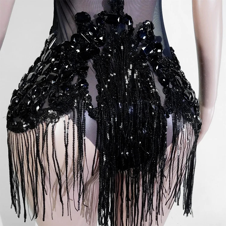 Sexy Mesh Sheer Black Rhinestone rhinestone Bodysuit Singer Dancer Show Stage Outfit Celebrate Party Night Club Performance Waer