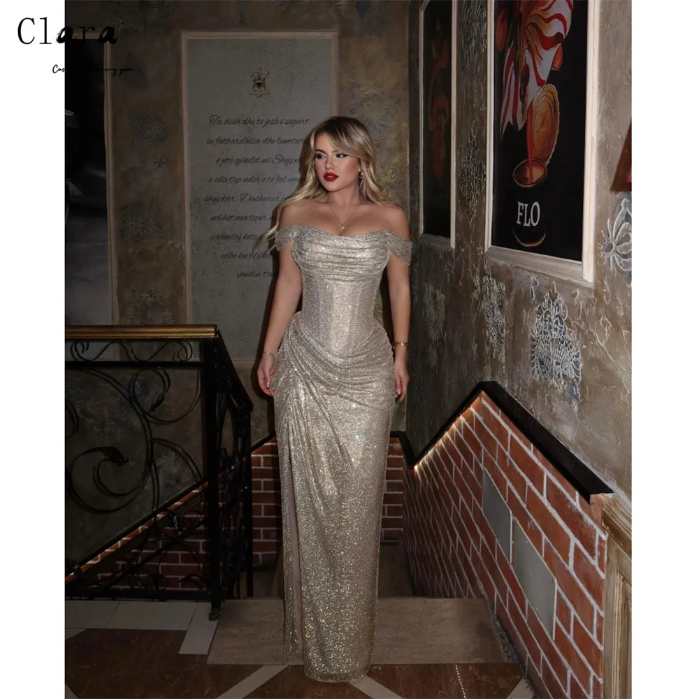 Clara Custom Fishtail Rhinestone Shiny Off-shoulder Evening Dresses Woman Elegant Woman Dress Luxury Party Dresses Women's Prom