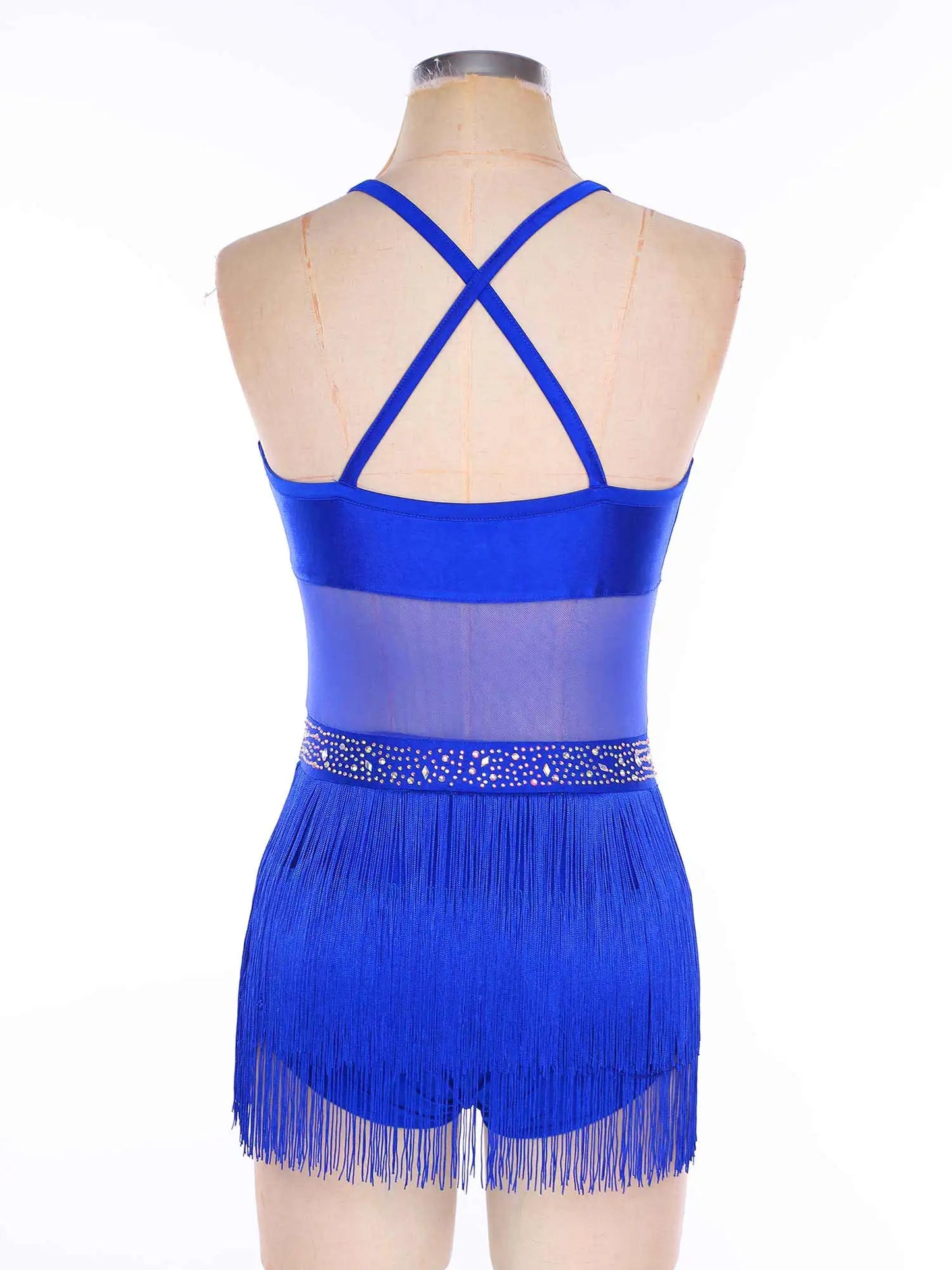 Womens Latin Dance Dress Sheer Mesh Patchwork Tiered Tassel Bodysuit Dress and Gloves for Tango Samba Dance Ballroom Dancewear