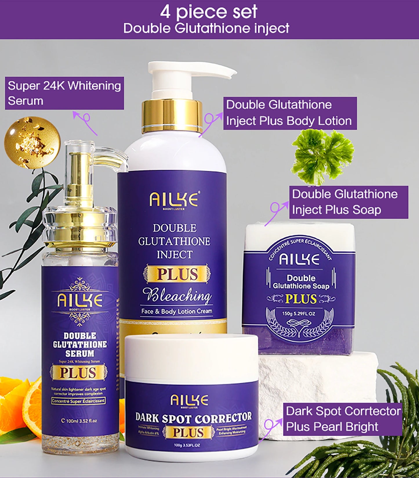 AILKE Double Glutathione Whitening Set For All Skin Types, Reduce Dark Spots, Melanin, Freckles, Chloasma, Even Skin Tone