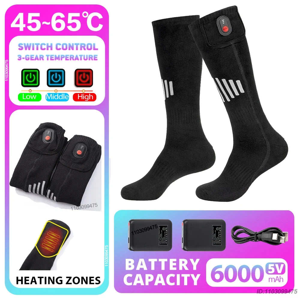 New Heated Socks Rechargeable 6000mah Electric Heated Skiing Socks Snowboarding Outdoor Sports Foot Warmer Winter Thermal Socks