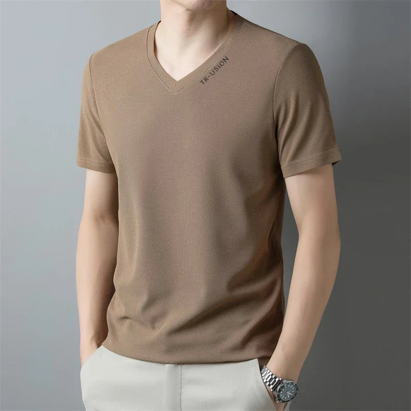 New Men's Casual and Fashionable V-neck Solid Color Short Sleeved T-shirt Breathable and Comfortable Summer Versatile Top