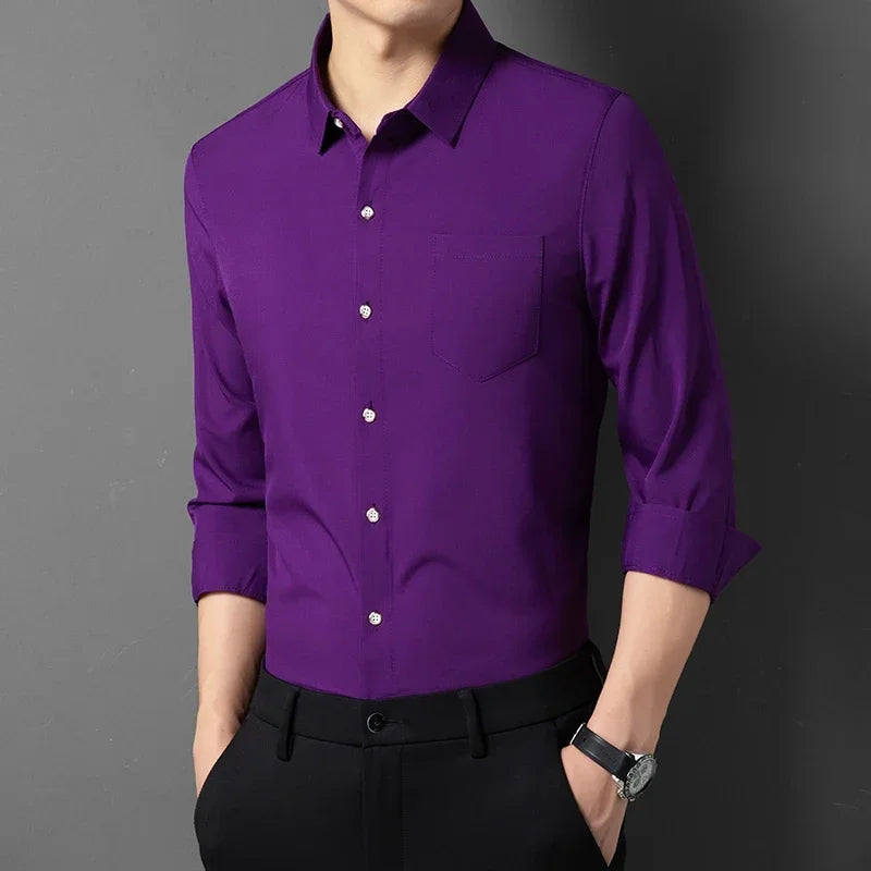 Men's New Casual and Fashionable Long Sleeved Shirt with Pockets Comfortable Wrinkle Resistant and Iron Free Collared Shirt