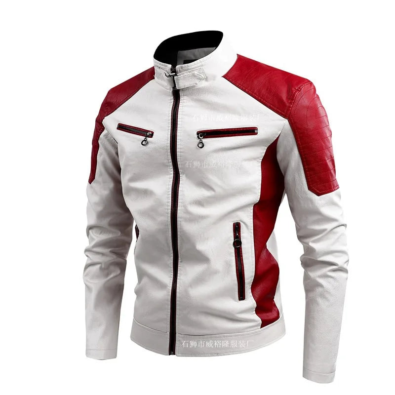Men's Casual Biker PU Leather Jacket New 2025 Fashion Color Block British Style Motorcycle Jacket Men's Clothing Outerwear