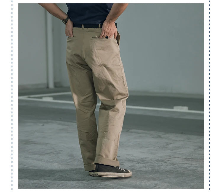 Qingtian Twill Chino Pants Vintage Workwear Men's Amekaji Khaki Trousers Loose Straight Leg
