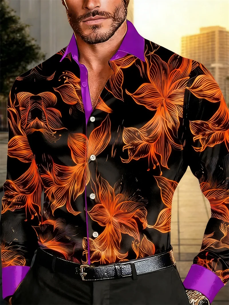 New men's long sleeved shirt casual fashion 3D petal print high-quality shirt single breasted long sleeved top