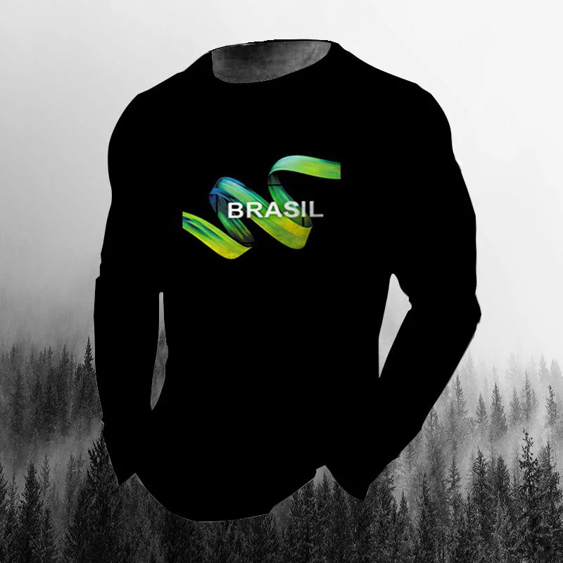 Vintage Brazilian Flag 3D Print Autumn Men's O-Neck T-shirt Casual Long Sleeve Oversized T Shirt Fashion Pullover Men Clothing