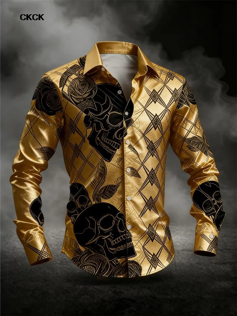 Fashion men's long sleeved shirt skull 3D print rose series gold black skull men's top soft long sleeved shirt Men Clothing