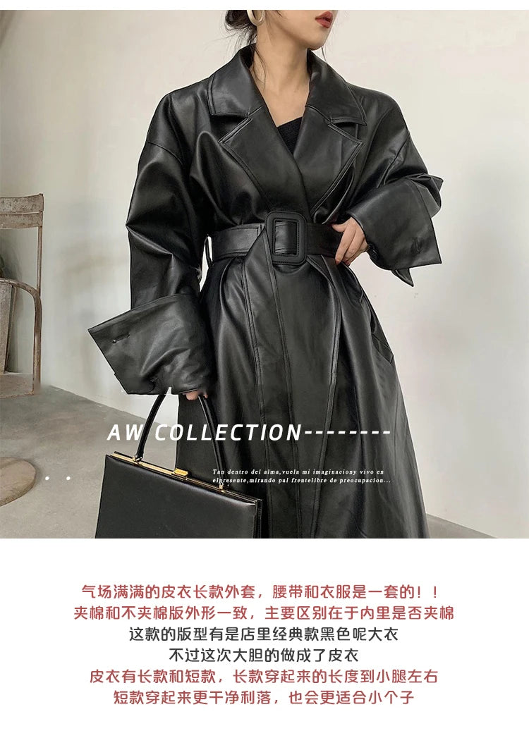 Lautaro Long oversized pu leather trench coat for women long sleeve lapel loose fit Fall Stylish black women clothing streetwear