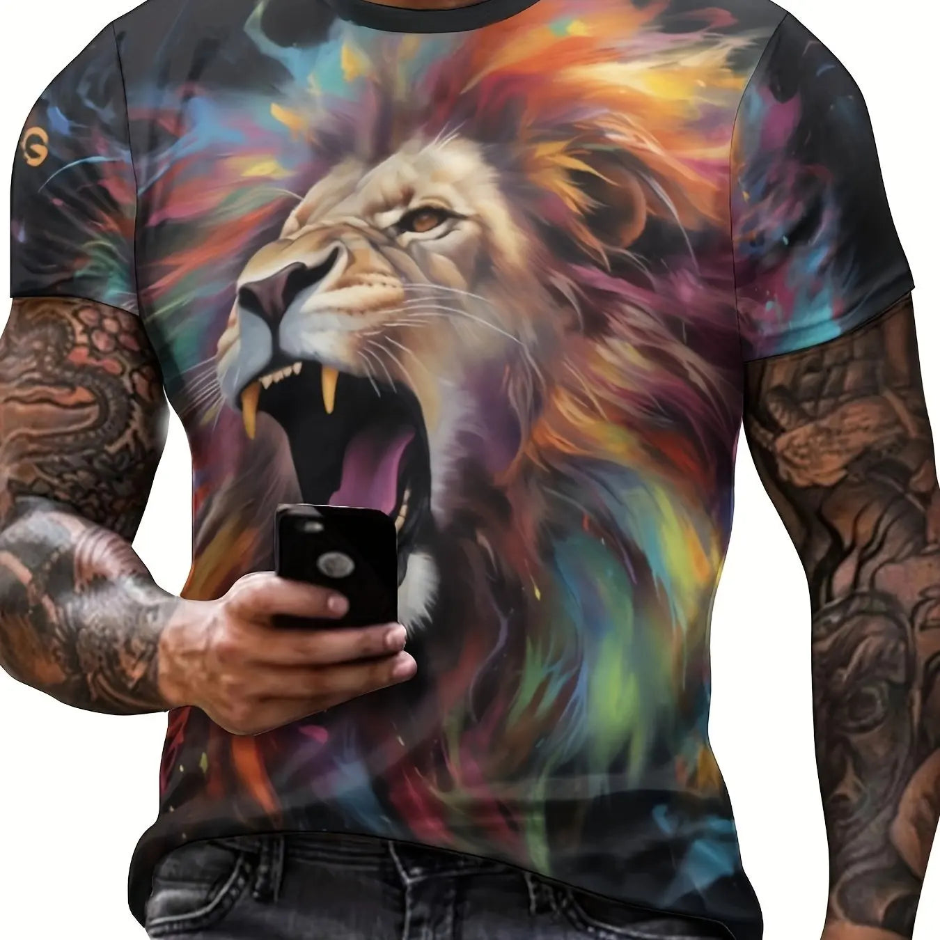 Lion and Crown Cool 3D Graphic Printing Men's Novelty Short Sleeve Round Neck T-shirt, Summer Outdoor