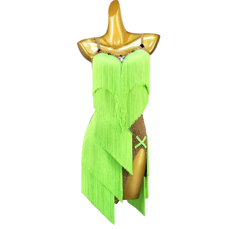Fringe Latin Dance Dress for Women Competition Salsa Rumba Dancewear Costumes Sleeveless