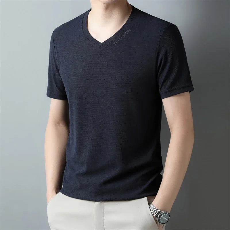 New Men's Casual and Fashionable V-neck Solid Color Short Sleeved T-shirt Breathable and Comfortable Summer Versatile Top