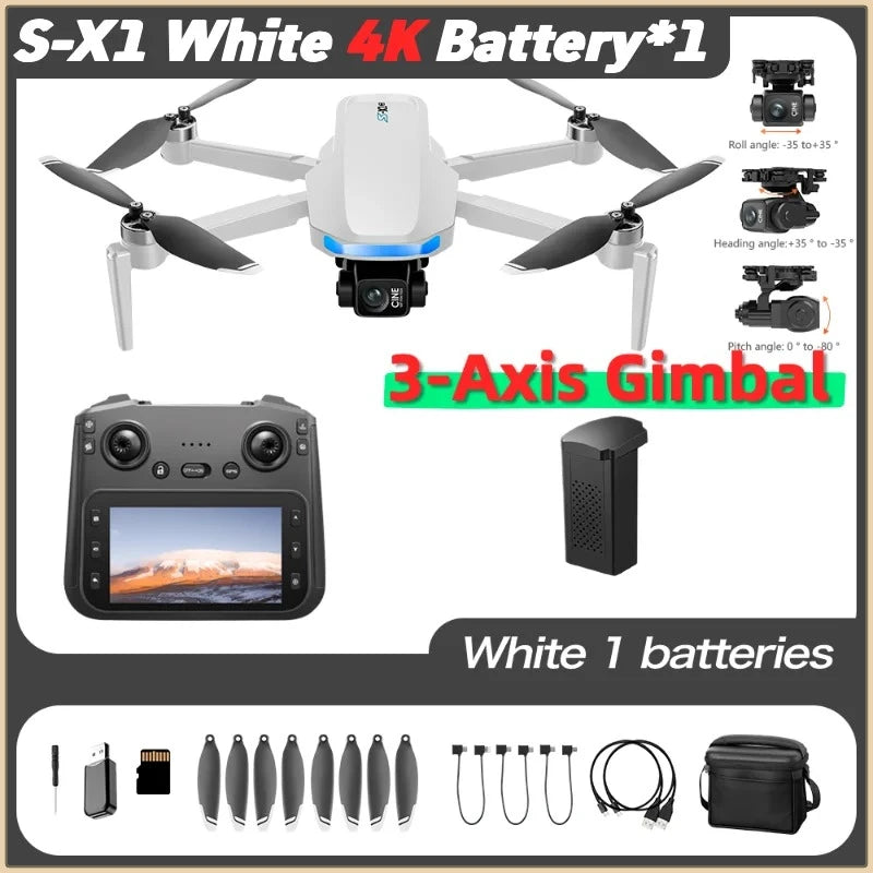 S-X1 MAX GPS Drone 4K Camera 3-Axis Gimbal EIS 5KM Digital Transmission Brushless Motor Quadcopter with 4.5" Screen Remote 231g