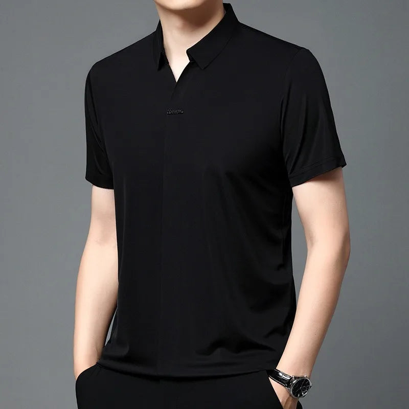 High End Mulberry Silk T-shirts Man Long Sleeve Tops Business Casual Elastic Non-iron Seamless Quality Luxurious Men Polo Shirts