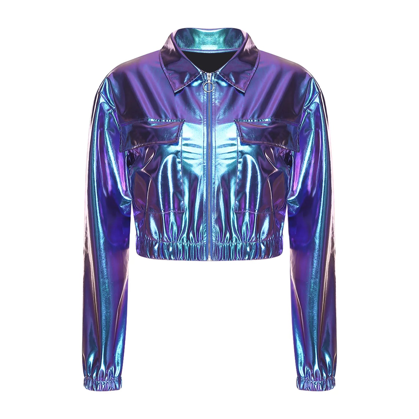 Womens Metallic Shiny Cropped Jacket Lapel Long Sleeve Front Zipper Chest Flap Pockets Crop Outerwear Biker Motor Jacket Tops