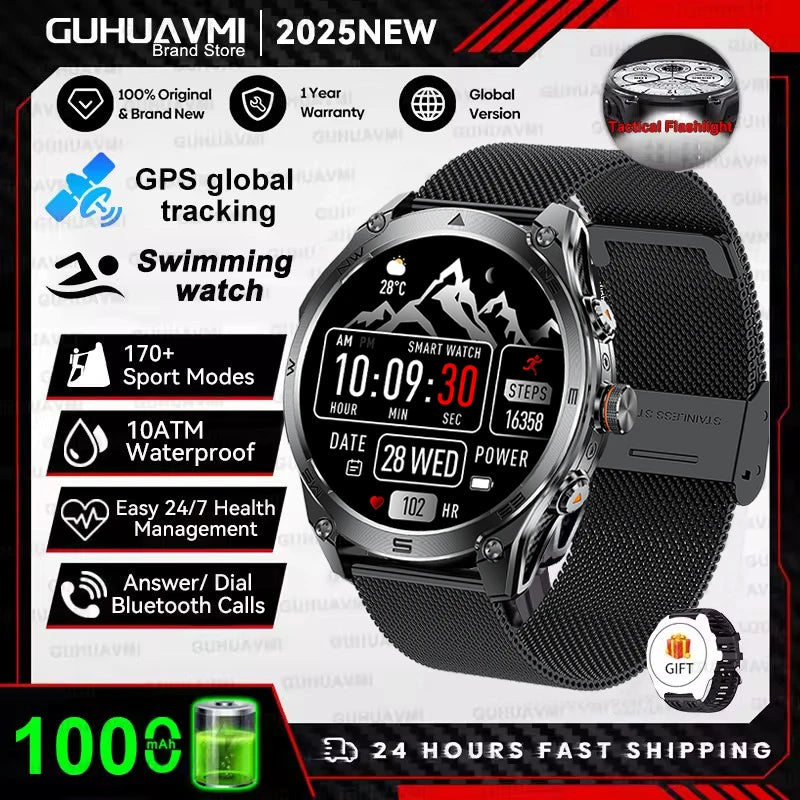 2026 New Military Smart Watch 1000Mah Battery GPS Compass 10ATM Waterproof Tactics Sports Flashlight BT call Smart Watch For Men