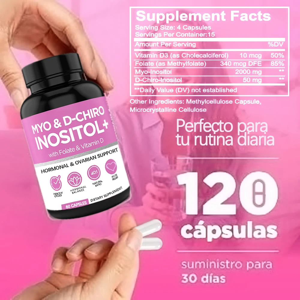 Myo-Inositol & D-Chiro Inositol Capsules for Women, Folate & Vitamin D Support Regular Cycles, Hormonal Balance & Ovarian Health