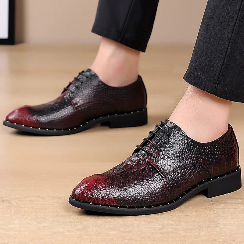Men's Lace-Up Retro British-Style Casual Shoe Crocodile-Patterned Pointed Toe Formal Shoe Comfortable And Breathable Party Shoes