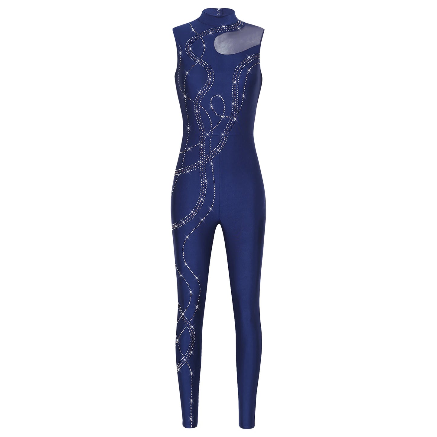 Womens Rhythmic Gymnastics Artistic Figure Skating Dance Costume Shiny Rhinestones Ballet Dance Unitards Jumpsuit Full Bodysuit