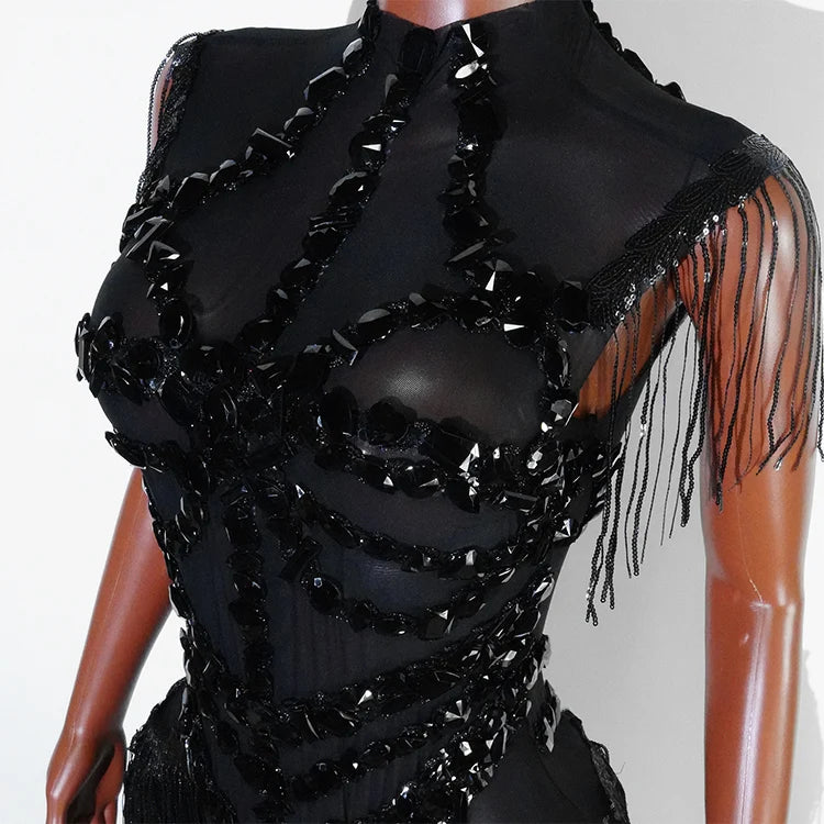 Sexy Mesh Sheer Black Rhinestone rhinestone Bodysuit Singer Dancer Show Stage Outfit Celebrate Party Night Club Performance Waer
