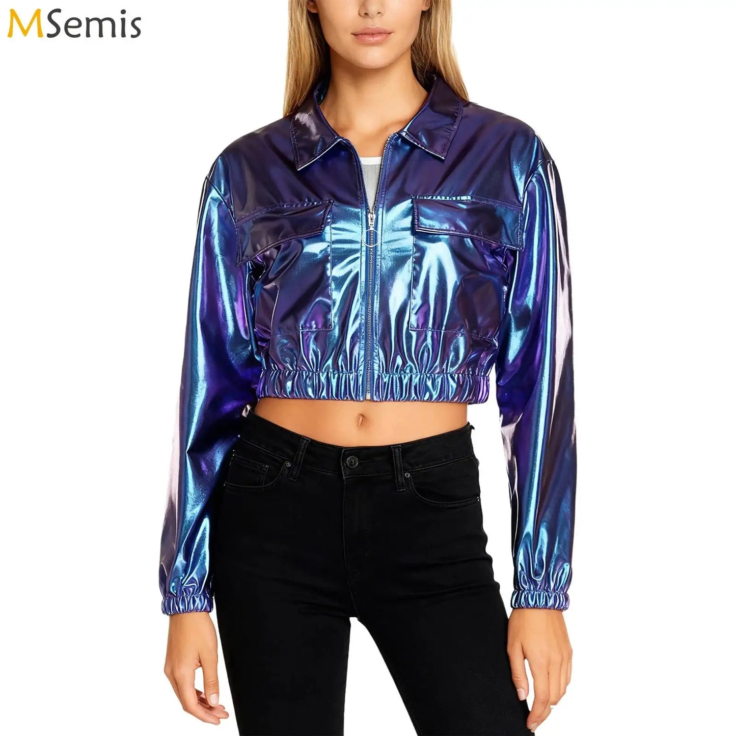 Womens Metallic Shiny Cropped Jacket Lapel Long Sleeve Front Zipper Chest Flap Pockets Crop Outerwear Biker Motor Jacket Tops