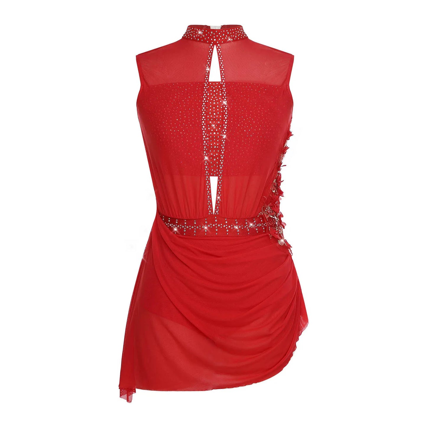 Women Lyrical Dance Dress Ballet Figure Skating Gymnastics Stage Performance Costume Sleeveless Rhinestones Applique Leotards