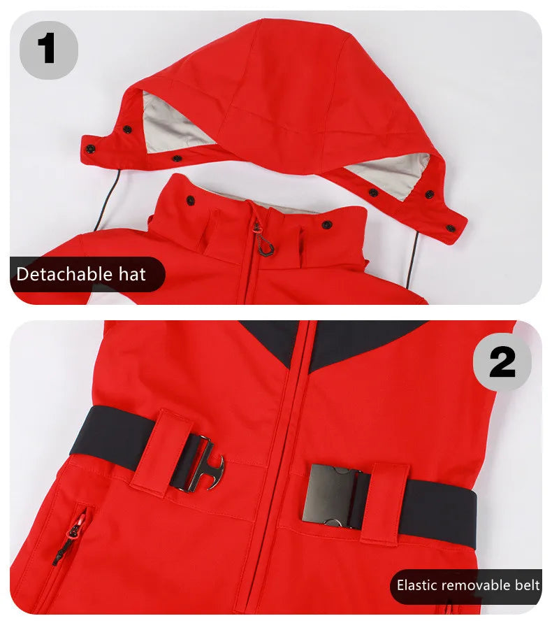 Women One Piece Ski Suit Winter Snowboard Jumpsuit Waterproof Windproof Thicken Hooded Outdoor Sport Wear for Mountain Hiking