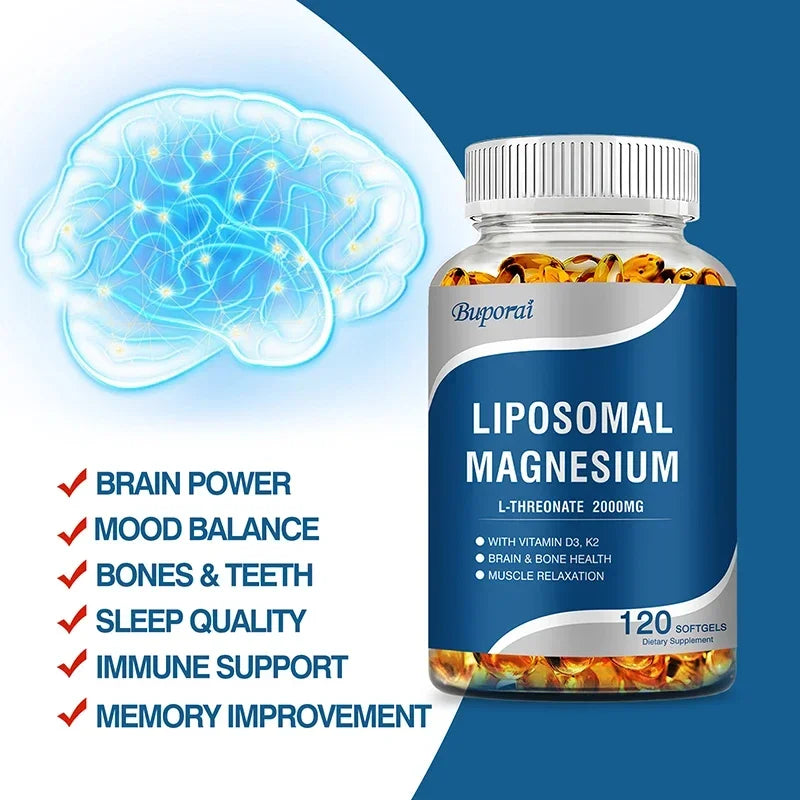 Liposomal Magnesium L-Threonate - Containing Vitamin D3 and K2, Supports Brain, Bone, Heart, Muscle and Promotes Sleep