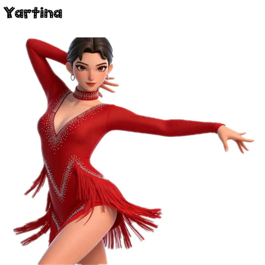 Womens Tassel Latin Tango Samba Dance Dresses Stage Performance Costume Long Sleeve Irregular Hem Shiny Rhinestones Dance Dress