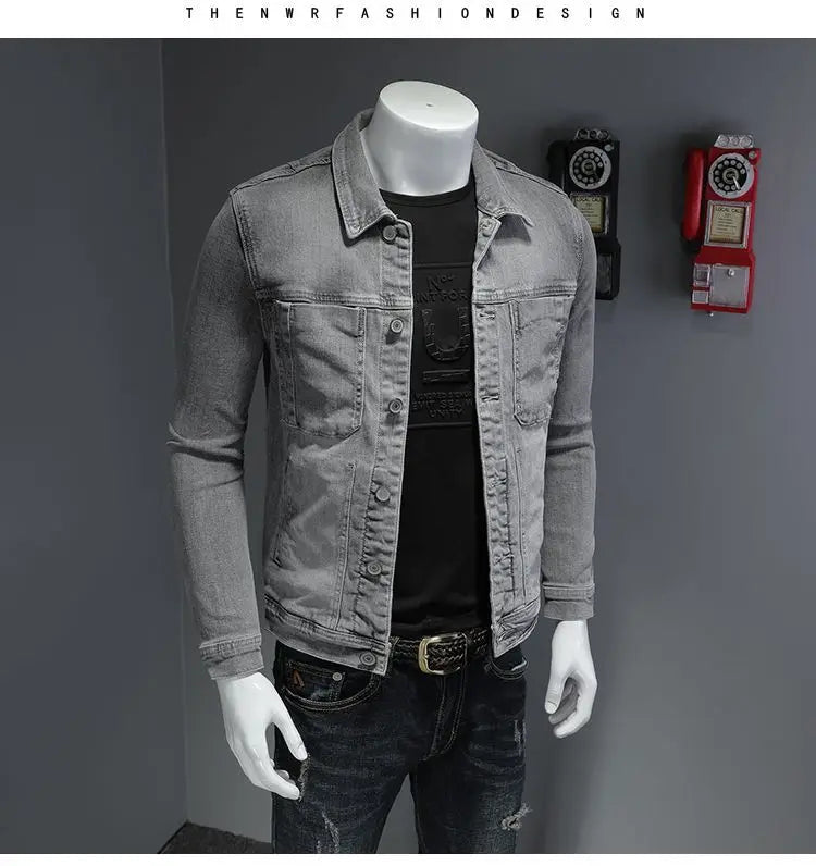 2025 Men's Autumn Winter Brand Casual Cotton Jacket with American Retro Motorcycle Embroidered Street Fashion Grey Jeans Coat