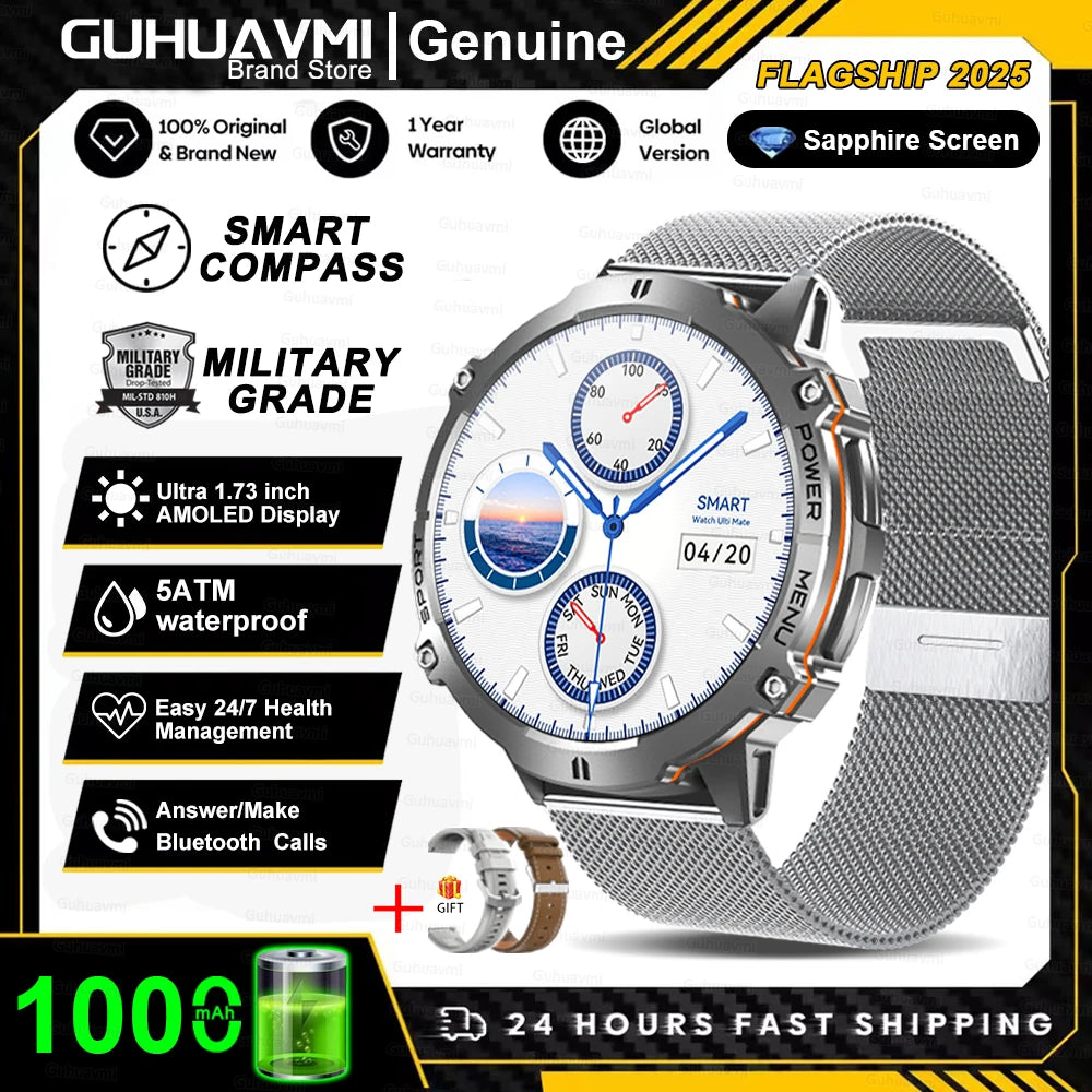 New Outdoor 1000mAh Battery Men Adult Smart Watch GPS Compass Altimeter 10ATM Waterproof Heart Rate BT Call Sport Man Smartwatch