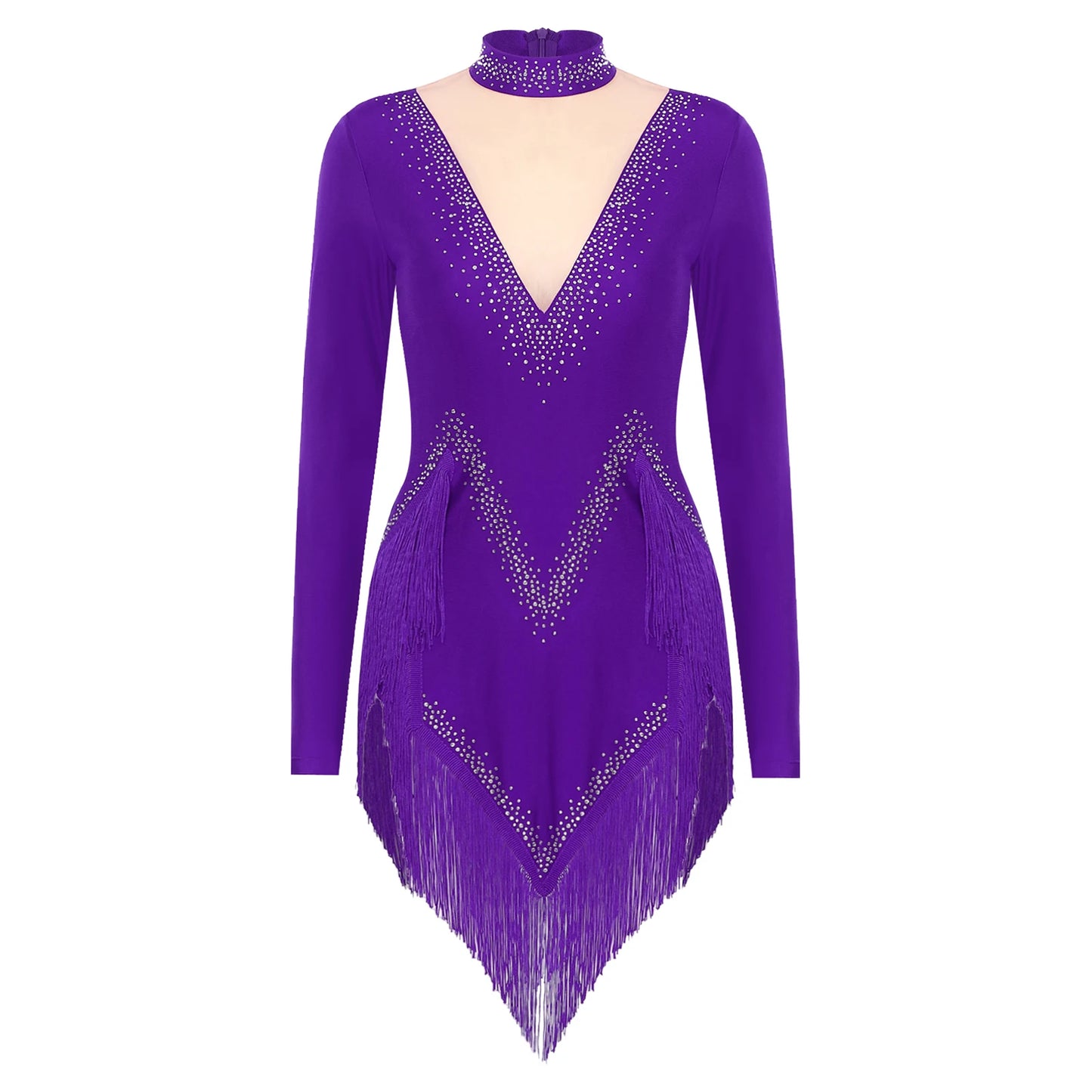 Womens Tassel Latin Tango Samba Dance Dresses Stage Performance Costume Long Sleeve Irregular Hem Shiny Rhinestones Dance Dress