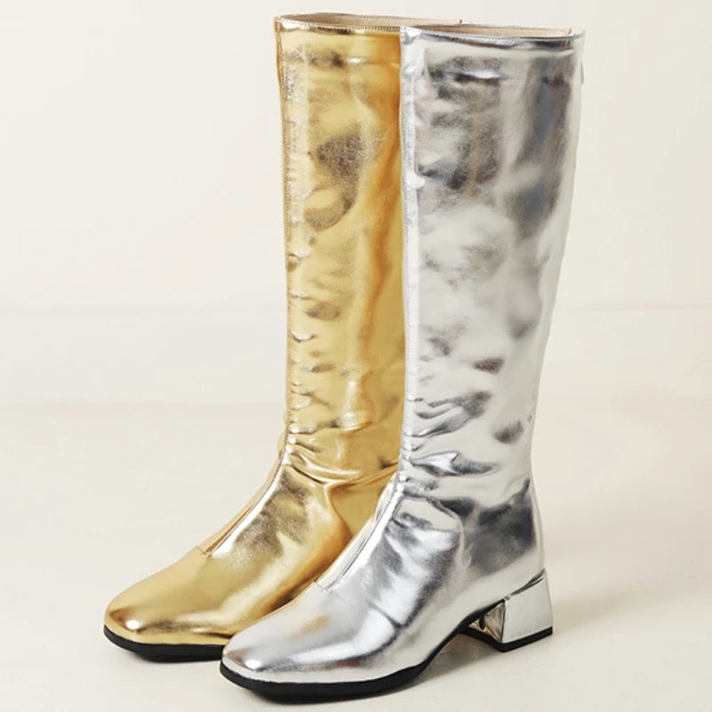 Women's Knee High Boots Winter Shoes 2025 Gold Silver Low Heeled Long Boot Ladies Party Footwear Shoes Large Size 45 Waterproof