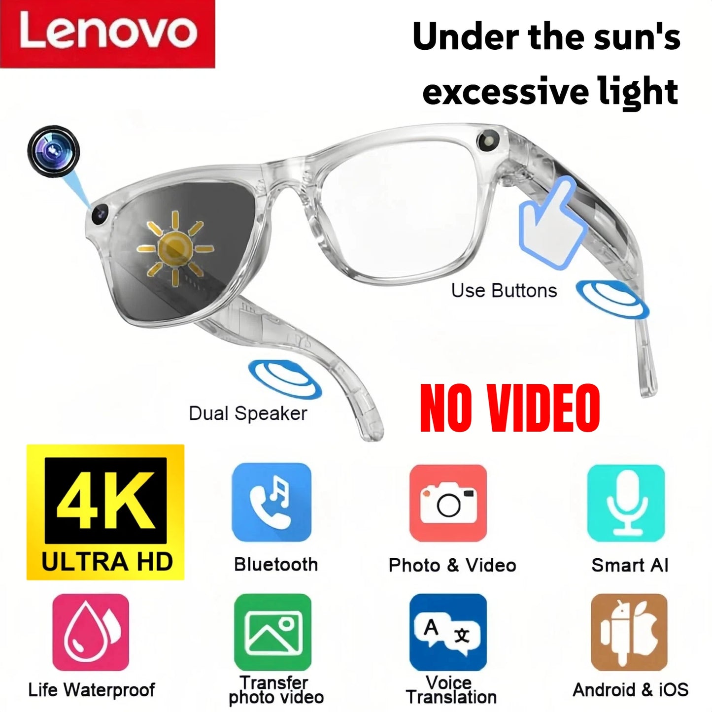 Lenovo AI Smart Glasses 800W Anti Shake HD Camera Video Recording Languages Translation Sunglasses BluetoothMusic Play Man Women