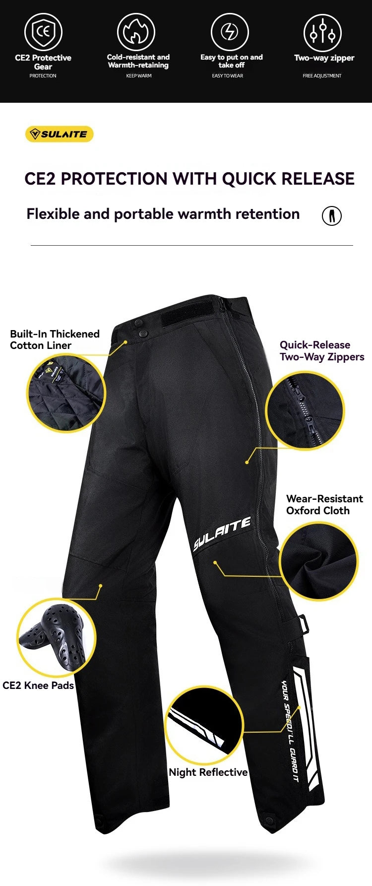 Motorcycle Riding Pants Quick Release CE2 Certified Protective Gear Winter Warm Water-Resistant No-Shoe Removal Reflective