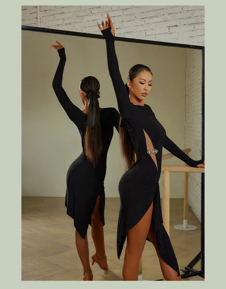Women Black Long Sleeves Dress Adult Tango Dance Clothes Rumba Ballroom Dance Dress Practice Wear ZYM Latin Dance Dress