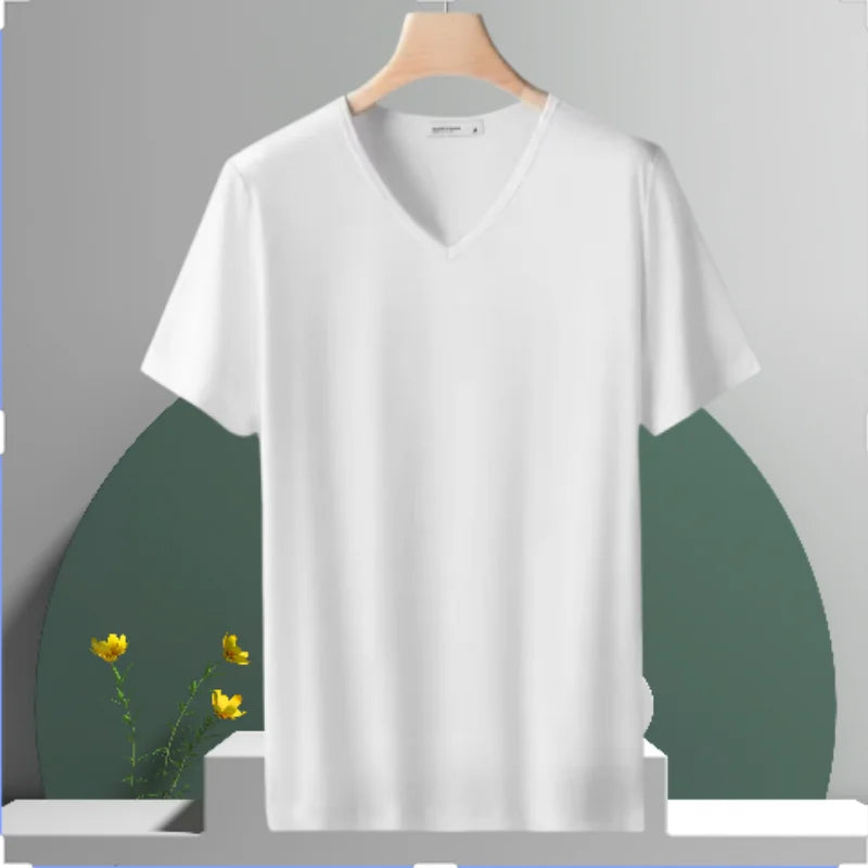 2025 men's short sleeved T-shirt loose and breathable plus size T-shirt top summer thin solid color V-neck home clothing base s