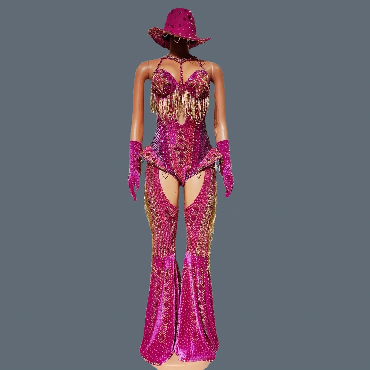 Women Sparkly Rhinestone Bodysuit 4Pieces Set Night Party Cowboy Show Outfit Cabaret Carnival Showgirl Sexy Jumpsuit Hongding