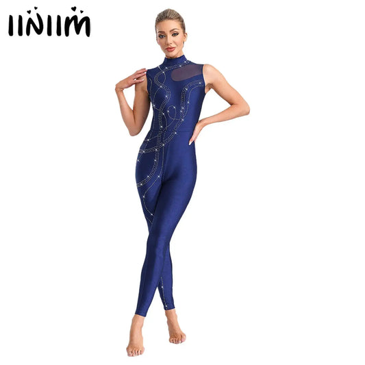 Womens Rhythmic Gymnastics Artistic Figure Skating Dance Costume Shiny Rhinestones Ballet Dance Unitards Jumpsuit Full Bodysuit