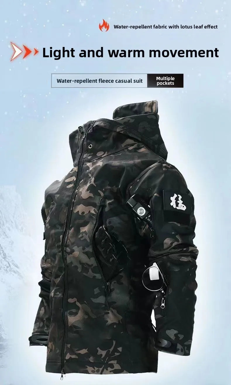 Skin Soft Shell Jacket Men's Winter Waterproof and Windproof Jacket Velvet Warm Cycling Mountaineering Ski Jacket Camouflage