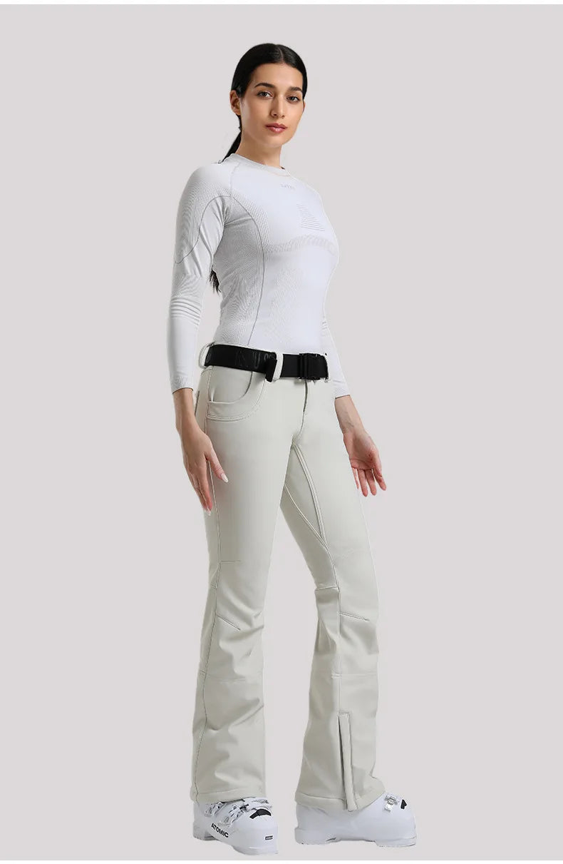 New Women's Ski Pants Stretch Slim-fit Dual-layer Insulated Professional Windproof Waterproof Breathable Solid Color Ski Pants