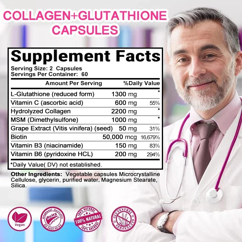 Balincer 5500mg Hydrolyzed Collagen 2200mg Glutathione 1300mg Biotin MSM and Vitamin C B6 B3 Capsule Nutritional Supplement