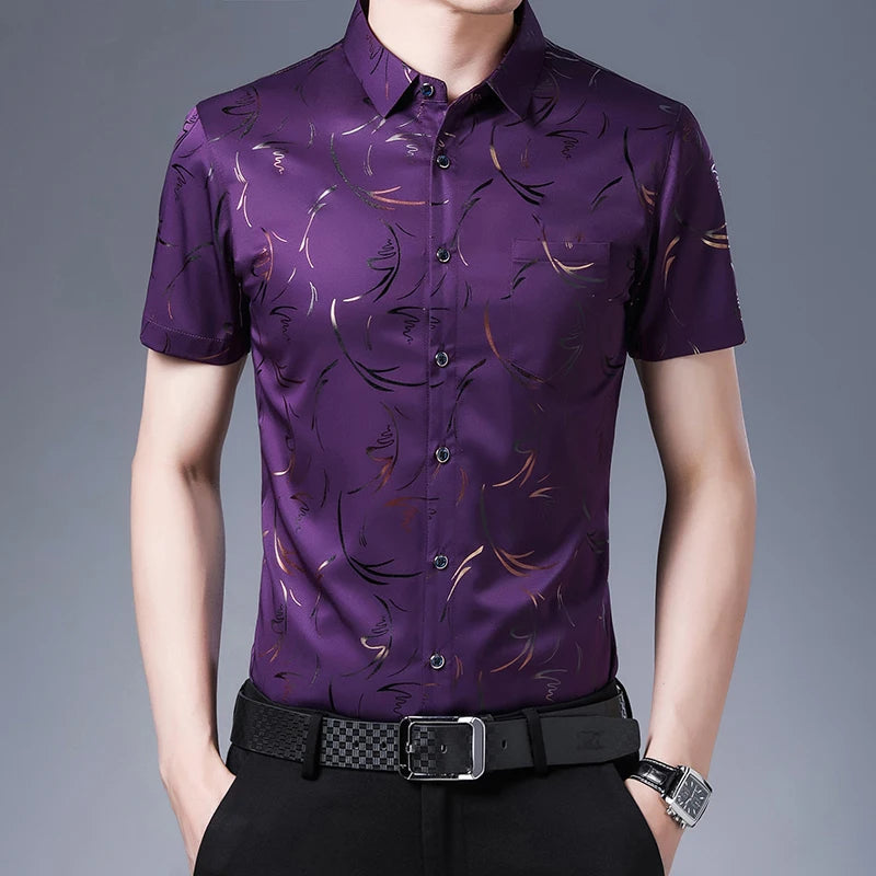 New Men's Casual Printed Short Sleeved Lapel Shirt for Summer Fashion Comfort No Ironing Wrinkle Resistant Top