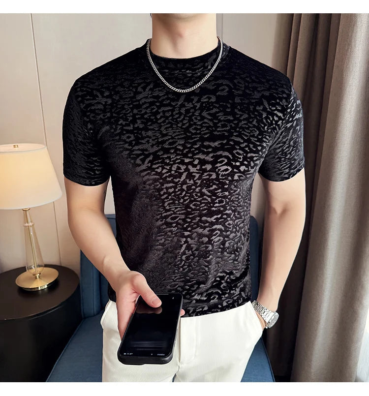 Men's T-Shirts Korean Fashion Gold Velvet Short Sleeve Mens Casual T Shirt Slim Fit Breathable Turtleneck Tee Shirt Homme 4XL-M