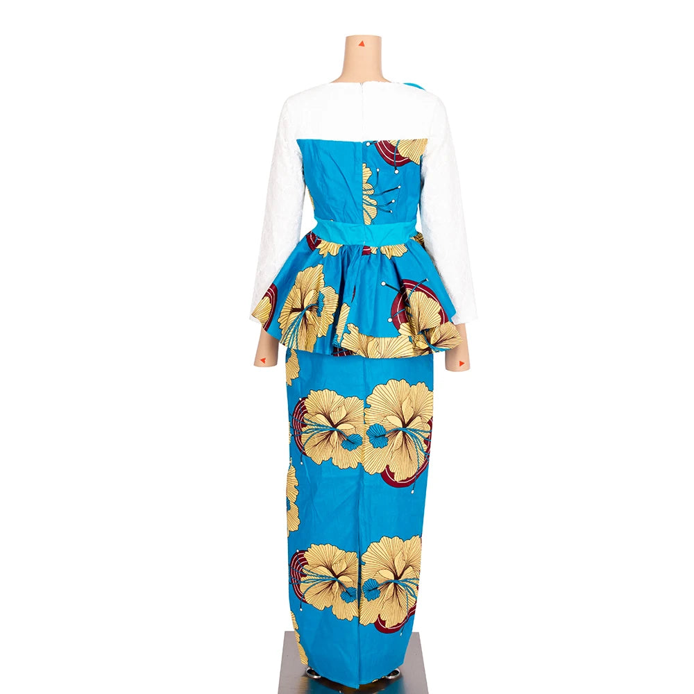 African Skirt Sets Women Suit Long Straight Skirts and Tops with Lace Decoration Bazin Riche Traditional African Clothing WY6195