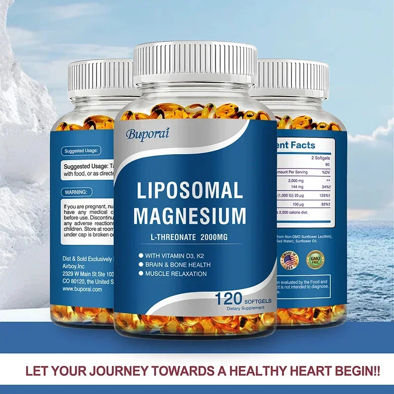 Liposomal Magnesium L-Threonate - Containing Vitamin D3 and K2, Supports Brain, Bone, Heart, Muscle and Promotes Sleep