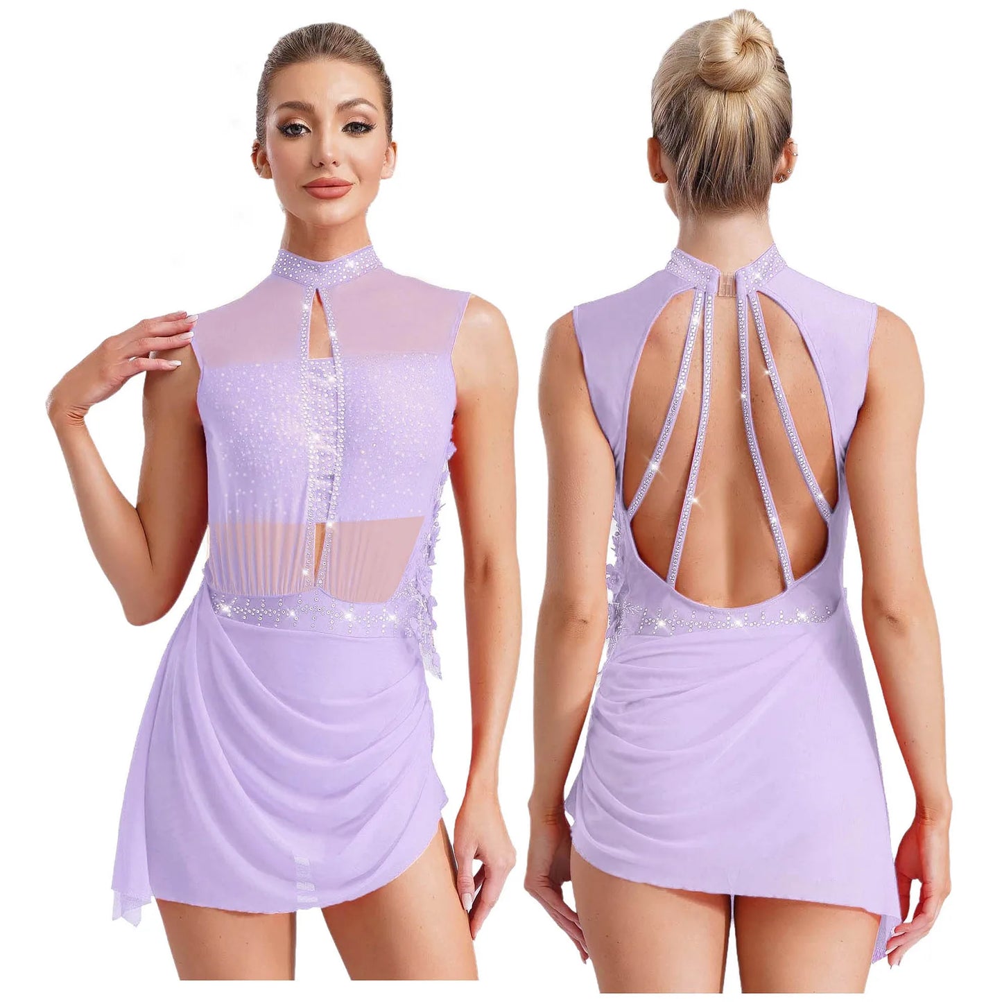 Women Lyrical Dance Dress Ballet Figure Skating Gymnastics Stage Performance Costume Sleeveless Rhinestones Applique Leotards