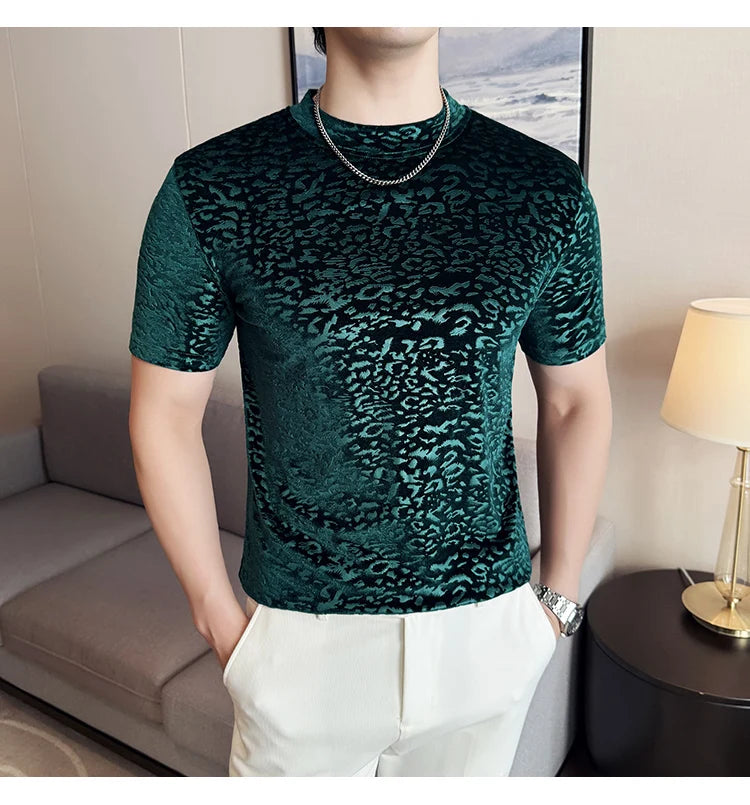 Men's T-Shirts Korean Fashion Gold Velvet Short Sleeve Mens Casual T Shirt Slim Fit Breathable Turtleneck Tee Shirt Homme 4XL-M